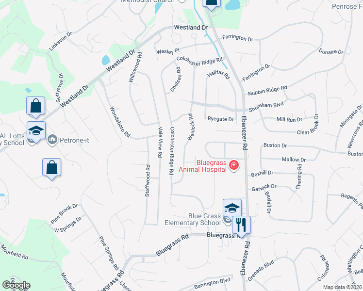 map of restaurants, bars, coffee shops, grocery stores, and more near 1347 Wenlock Road in Knoxville