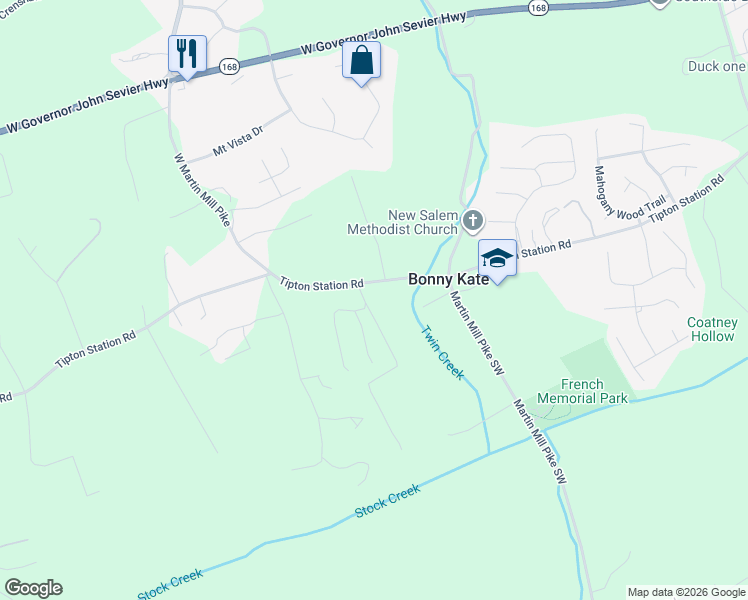 map of restaurants, bars, coffee shops, grocery stores, and more near 2520 Tipton Station Road in Knoxville