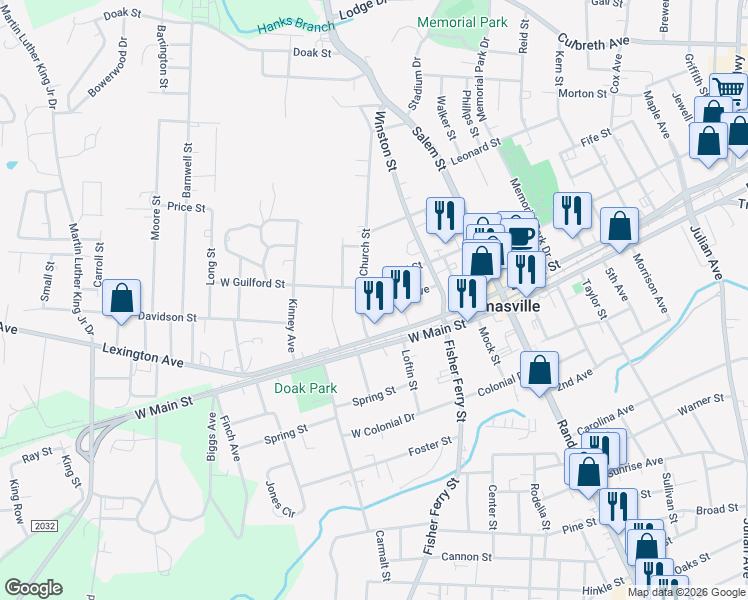 map of restaurants, bars, coffee shops, grocery stores, and more near 116 Highland Avenue in Thomasville