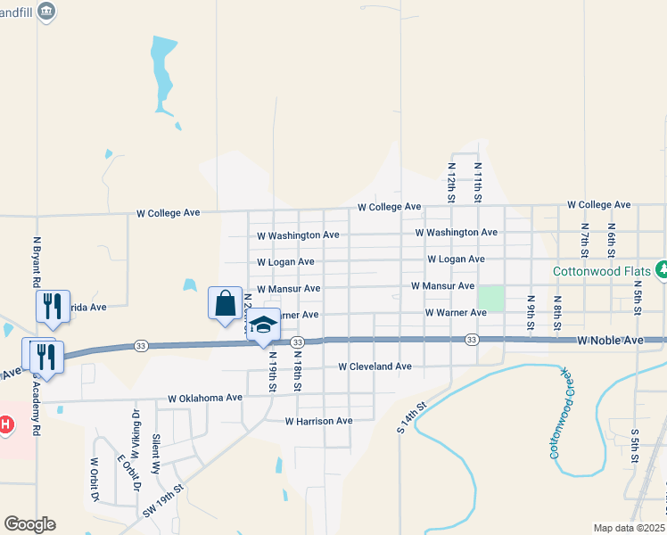 map of restaurants, bars, coffee shops, grocery stores, and more near 1715 W Logan Ave in Guthrie