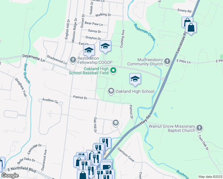 map of restaurants, bars, coffee shops, grocery stores, and more near 2225 Patriot Drive in Murfreesboro