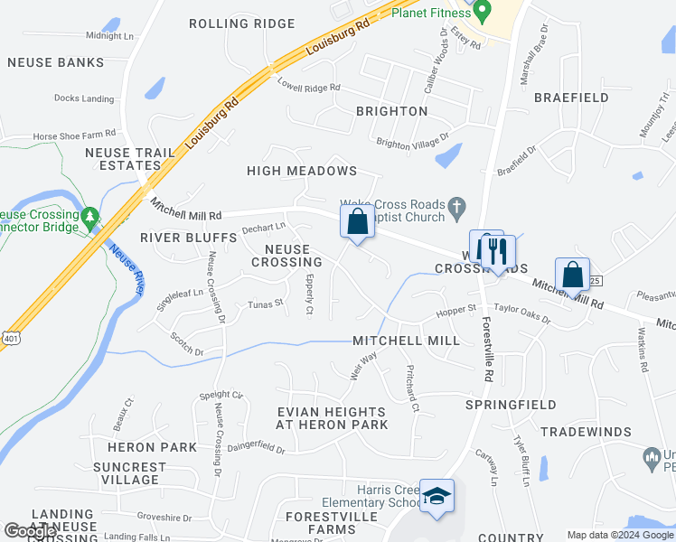 map of restaurants, bars, coffee shops, grocery stores, and more near 3632 Pinkham Way in Raleigh