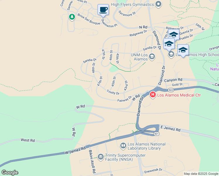 map of restaurants, bars, coffee shops, grocery stores, and more near 687 45th Street in Los Alamos
