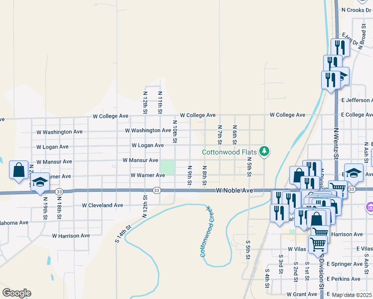 map of restaurants, bars, coffee shops, grocery stores, and more near 1005 West Logan Avenue in Guthrie