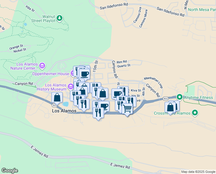 map of restaurants, bars, coffee shops, grocery stores, and more near 1075 Myrtle Street in Los Alamos