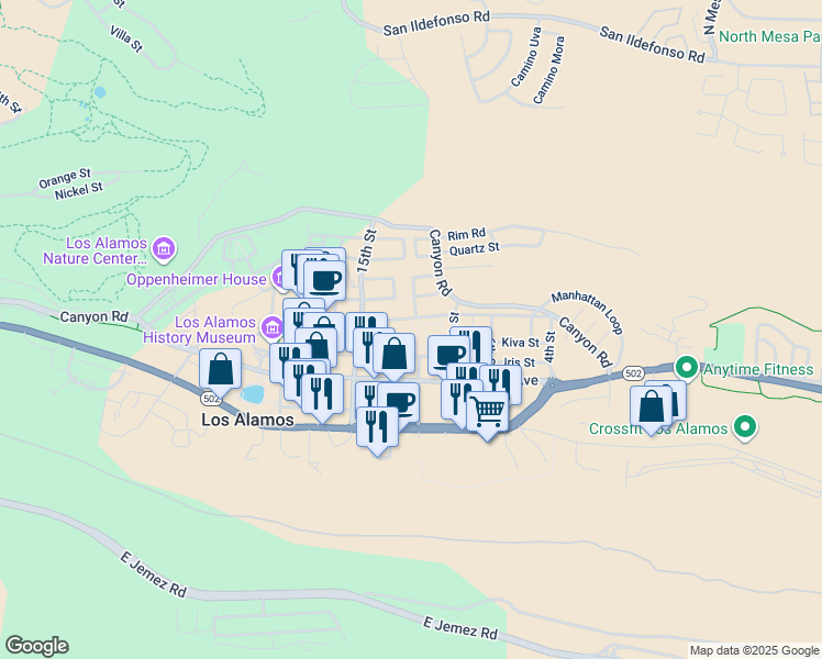map of restaurants, bars, coffee shops, grocery stores, and more near 1075 Myrtle Street in Los Alamos