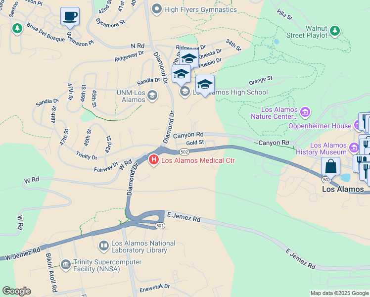 map of restaurants, bars, coffee shops, grocery stores, and more near 3803 Gold Street in Los Alamos