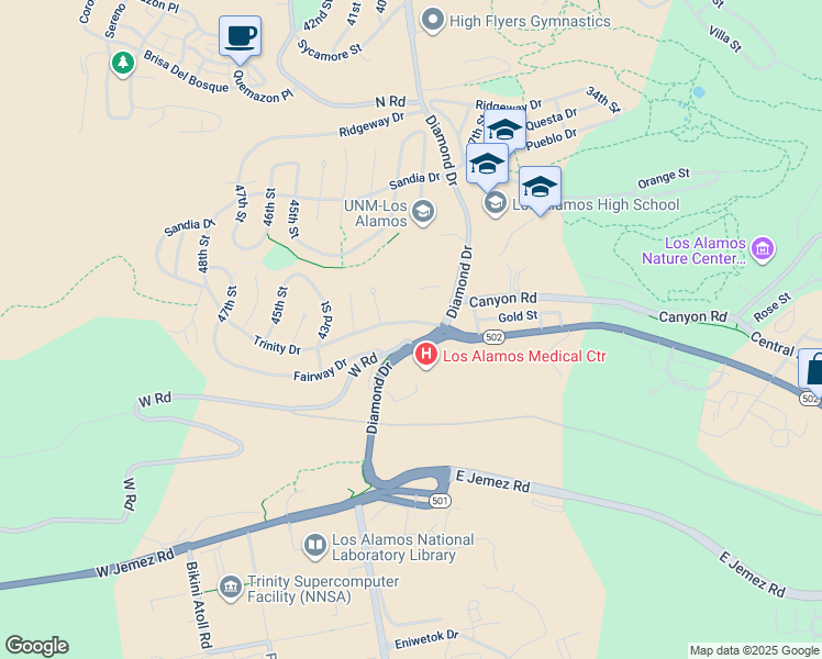 map of restaurants, bars, coffee shops, grocery stores, and more near 3987 Trinity Drive in Los Alamos