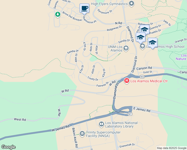 map of restaurants, bars, coffee shops, grocery stores, and more near 717 44th Street in Los Alamos