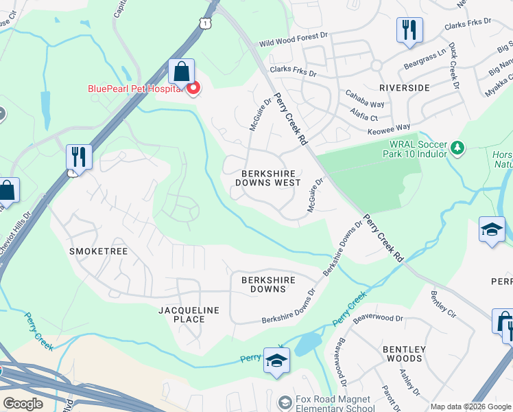 map of restaurants, bars, coffee shops, grocery stores, and more near 8121 McGuire Drive in Raleigh