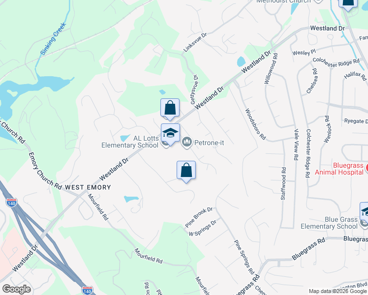 map of restaurants, bars, coffee shops, grocery stores, and more near 1123 Appaloosa Way in Knoxville