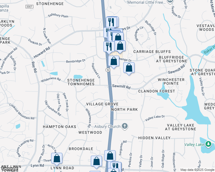 map of restaurants, bars, coffee shops, grocery stores, and more near 2403 Sawmill Road in Raleigh