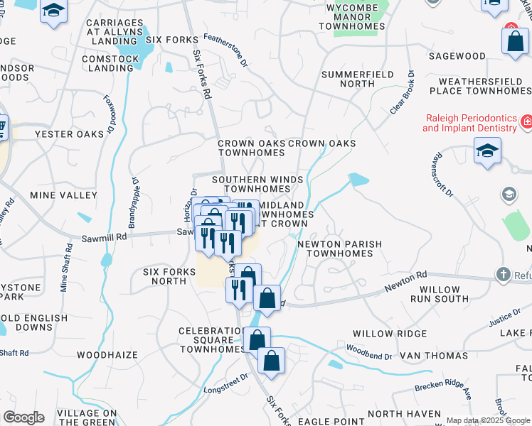map of restaurants, bars, coffee shops, grocery stores, and more near 7736 Bernadette Lane in Raleigh