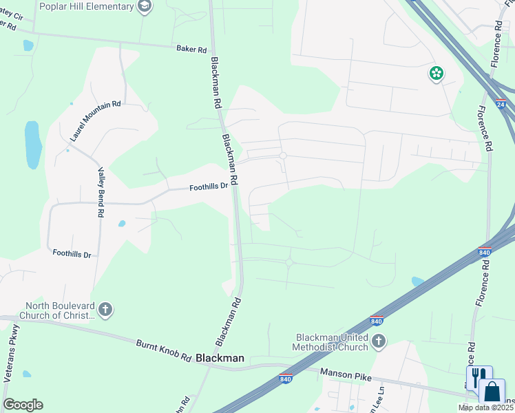 map of restaurants, bars, coffee shops, grocery stores, and more near 5747 Willoughby Way in Murfreesboro