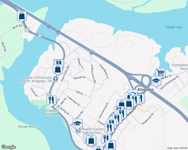 map of restaurants, bars, coffee shops, grocery stores, and more near 812 Patton Ferry Road in Kingston