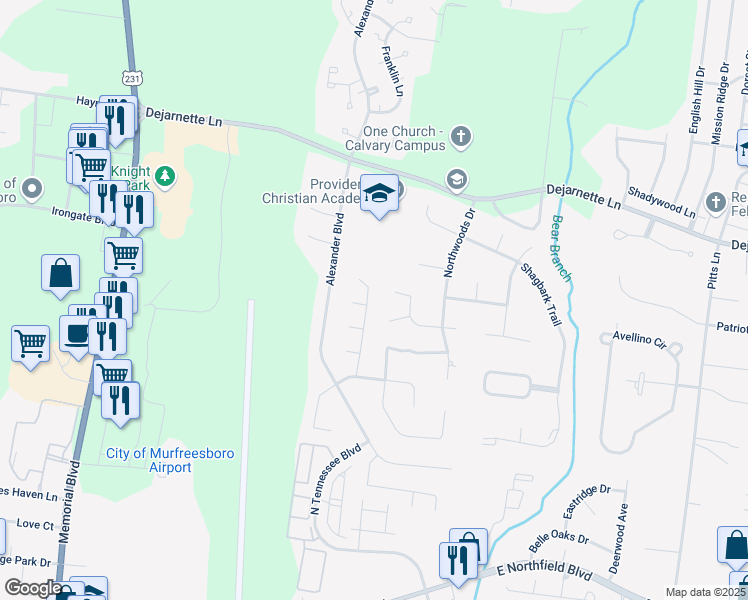 map of restaurants, bars, coffee shops, grocery stores, and more near 1202 Mullberry Court in Murfreesboro