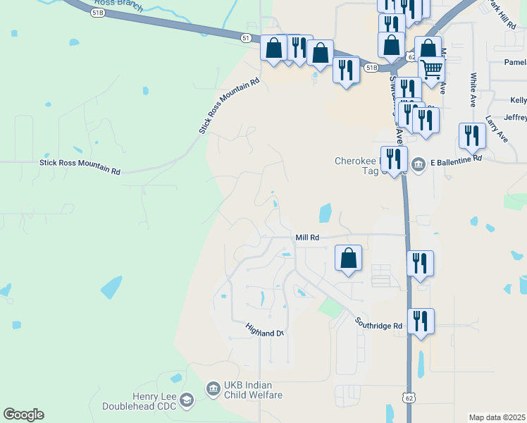 map of restaurants, bars, coffee shops, grocery stores, and more near 585 Falls Circle in Tahlequah