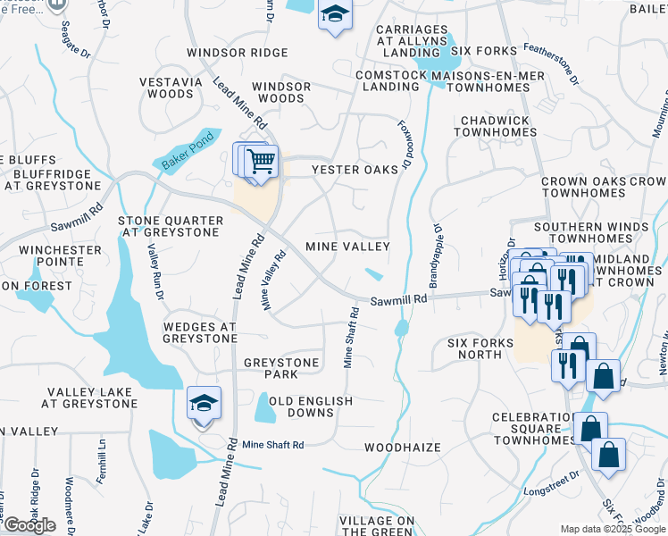 map of restaurants, bars, coffee shops, grocery stores, and more near 7704 Prospector Place in Raleigh