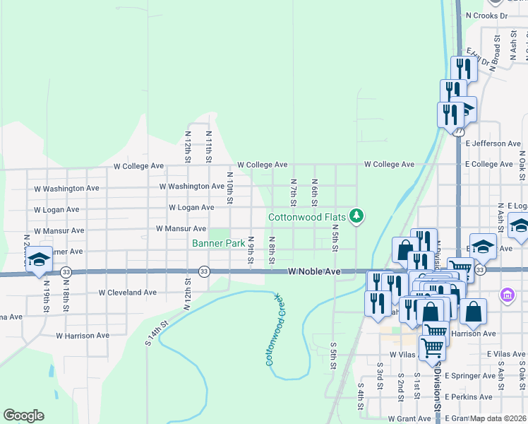 map of restaurants, bars, coffee shops, grocery stores, and more near 913 West Logan Avenue in Guthrie