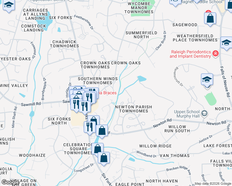 map of restaurants, bars, coffee shops, grocery stores, and more near 7702 Sandra Lane in Raleigh