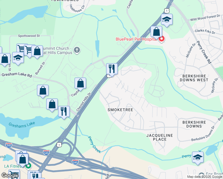 map of restaurants, bars, coffee shops, grocery stores, and more near 7308 Capital Boulevard in Raleigh
