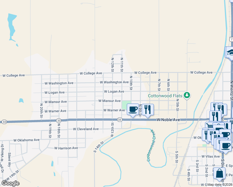 map of restaurants, bars, coffee shops, grocery stores, and more near 1215 West Logan Avenue in Guthrie