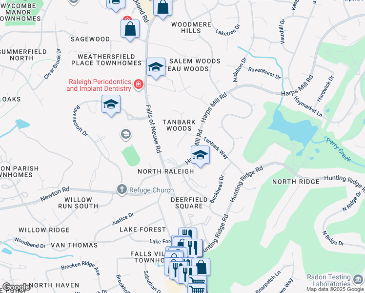 map of restaurants, bars, coffee shops, grocery stores, and more near 7208 Pinebark Court in Raleigh