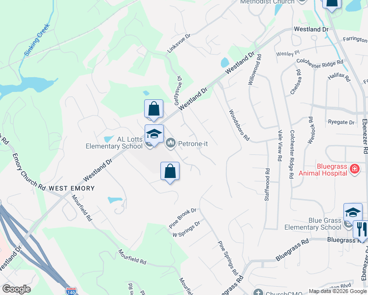 map of restaurants, bars, coffee shops, grocery stores, and more near 1164 Andalusian Way in Knoxville