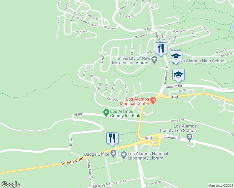 map of restaurants, bars, coffee shops, grocery stores, and more near 717 44th Street in Los Alamos