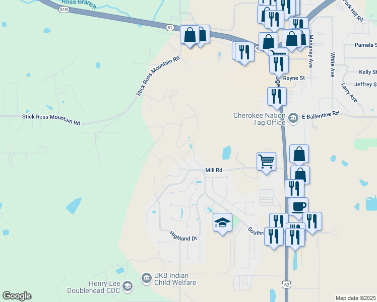 map of restaurants, bars, coffee shops, grocery stores, and more near Falls Circle in Tahlequah