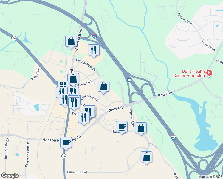 map of restaurants, bars, coffee shops, grocery stores, and more near 4825 Creekstone Drive in Durham