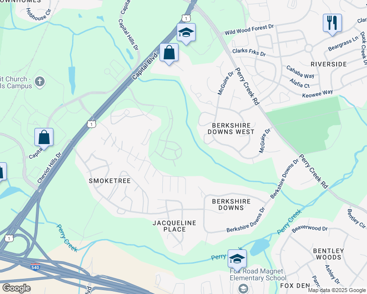 map of restaurants, bars, coffee shops, grocery stores, and more near 4740 Archean Way in Raleigh