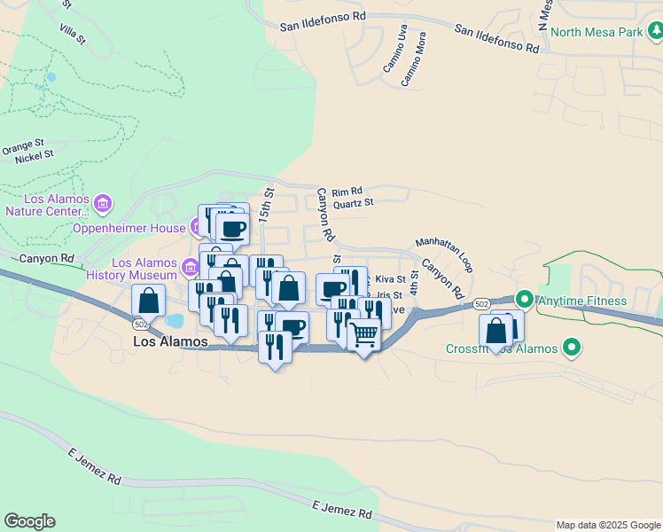 map of restaurants, bars, coffee shops, grocery stores, and more near 1075 Myrtle Street in Los Alamos