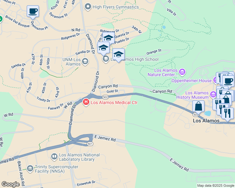 map of restaurants, bars, coffee shops, grocery stores, and more near 120 35th Street in Los Alamos