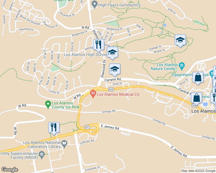 map of restaurants, bars, coffee shops, grocery stores, and more near 3803 Gold Street in Los Alamos