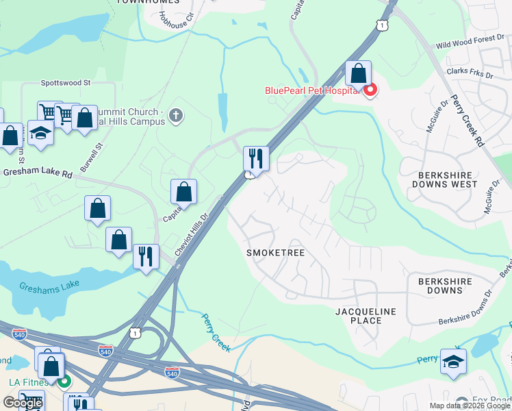 map of restaurants, bars, coffee shops, grocery stores, and more near 7308 Capital Boulevard in Raleigh