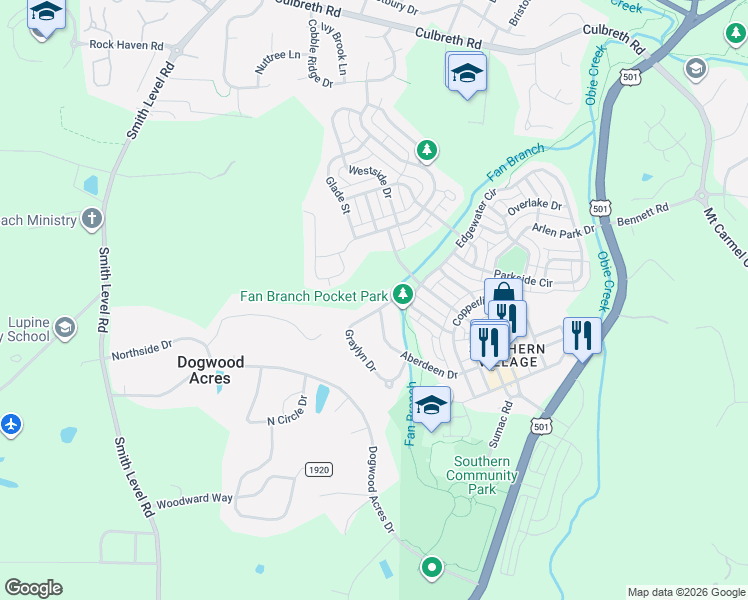 map of restaurants, bars, coffee shops, grocery stores, and more near 203 Graylyn Drive in Chapel Hill