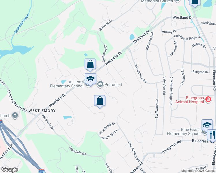 map of restaurants, bars, coffee shops, grocery stores, and more near 1164 Andalusian Way in Knoxville