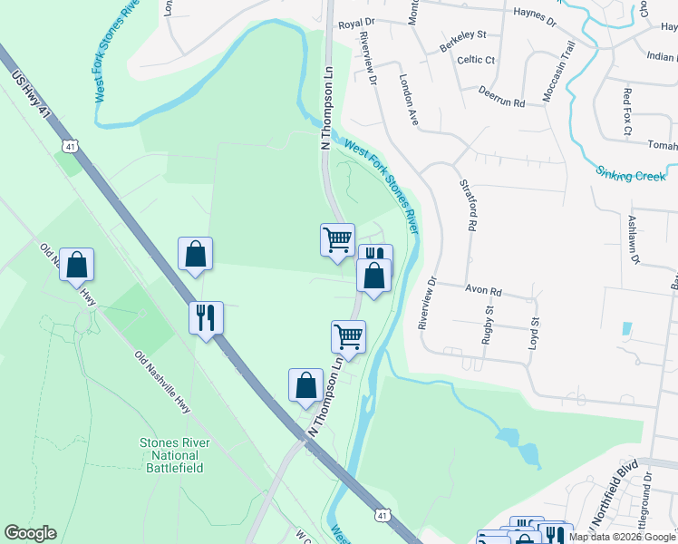 map of restaurants, bars, coffee shops, grocery stores, and more near 2159 North Thompson Lane in Murfreesboro