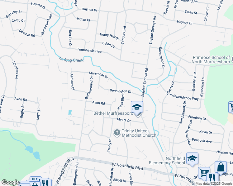 map of restaurants, bars, coffee shops, grocery stores, and more near 2407 Bennington Drive in Murfreesboro