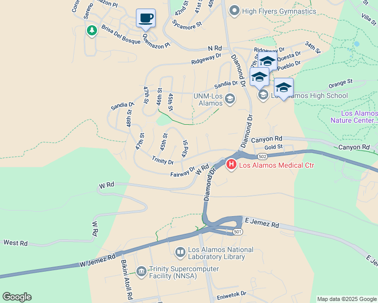 map of restaurants, bars, coffee shops, grocery stores, and more near 718 43rd Street in Los Alamos