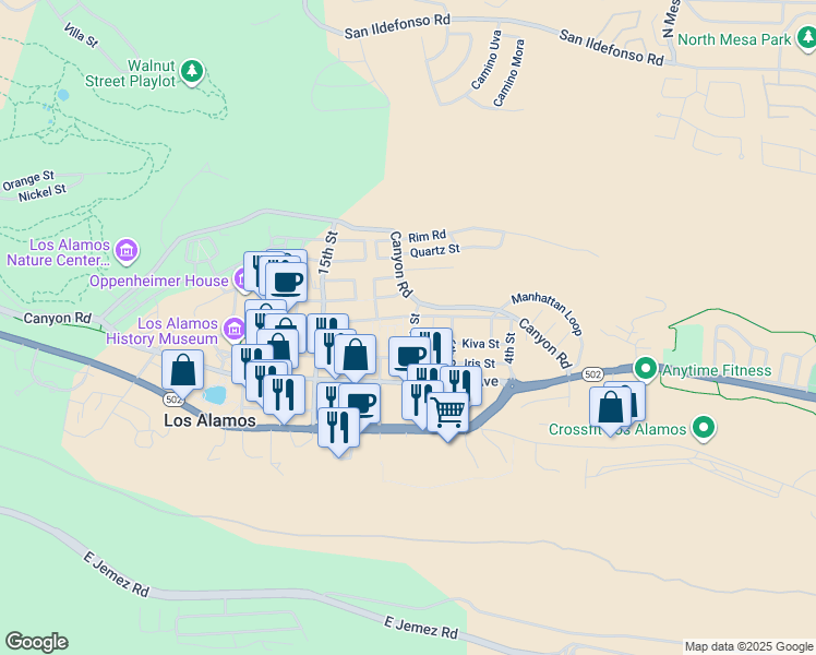map of restaurants, bars, coffee shops, grocery stores, and more near 1075 Myrtle Street in Los Alamos