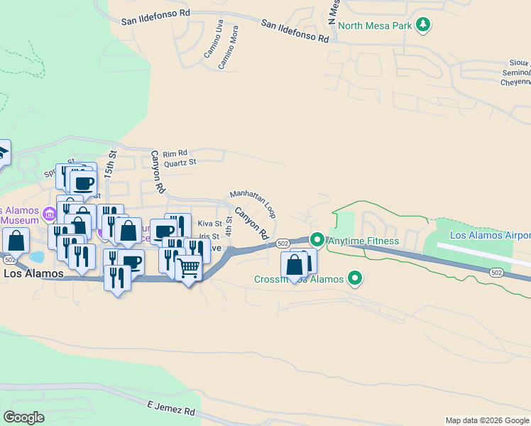 map of restaurants, bars, coffee shops, grocery stores, and more near 100 Manhattan Loop in Los Alamos