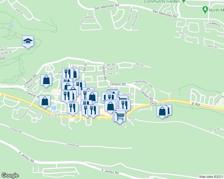 map of restaurants, bars, coffee shops, grocery stores, and more near 1215 7th St in Los Alamos