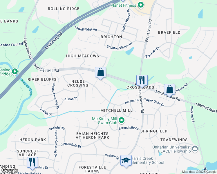 map of restaurants, bars, coffee shops, grocery stores, and more near 3812 Satinleaf Drive in Raleigh