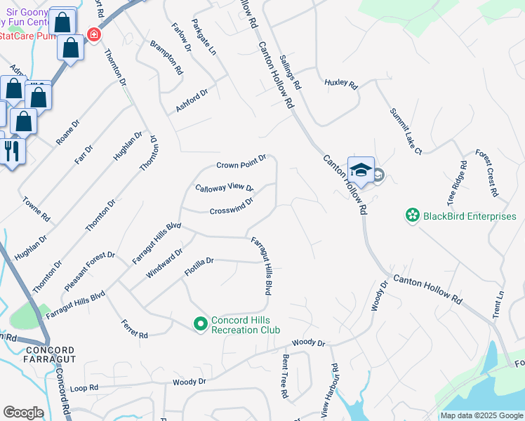 map of restaurants, bars, coffee shops, grocery stores, and more near 11010 Crown Point Drive in Knoxville