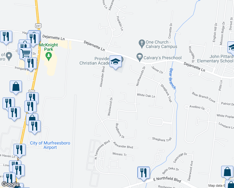 map of restaurants, bars, coffee shops, grocery stores, and more near 1202 Mullberry Court in Murfreesboro