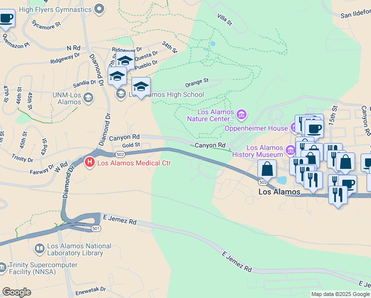 map of restaurants, bars, coffee shops, grocery stores, and more near 3250 Trinity Drive in Los Alamos