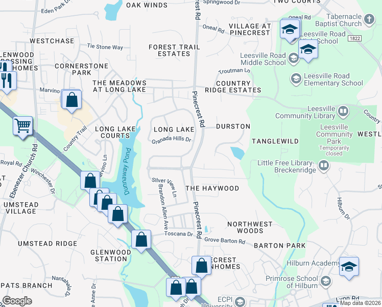 map of restaurants, bars, coffee shops, grocery stores, and more near 7572 Silver View Lane in Raleigh