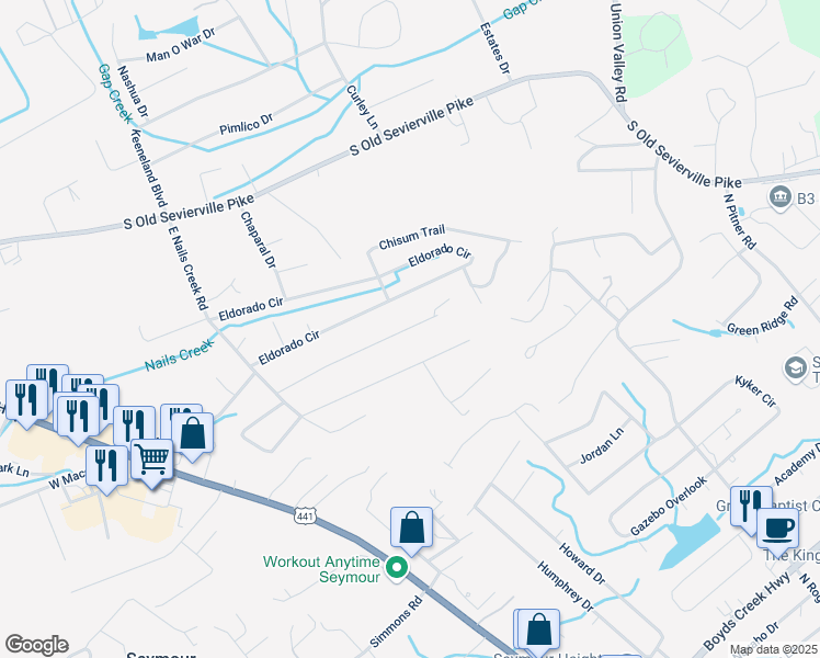 map of restaurants, bars, coffee shops, grocery stores, and more near 421B Tucker Road in Seymour
